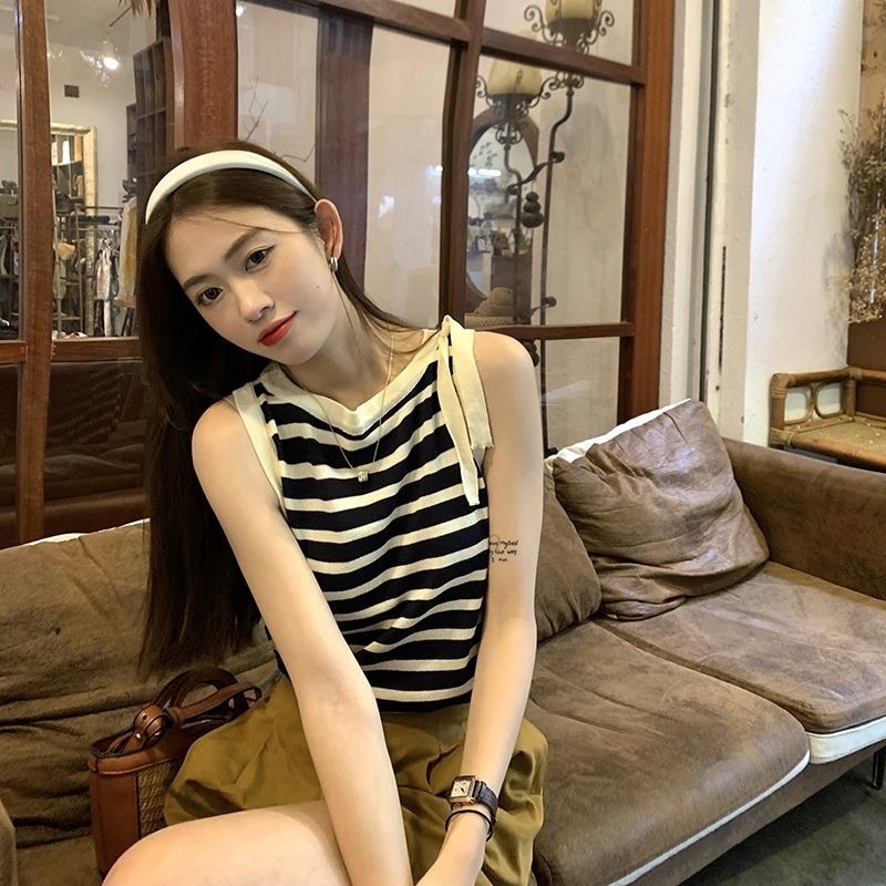 Áo Dệt Kim Sát Nách Kẻ Sọc Đính Nơ Thời Trang Mùa Hè Cho Nữ