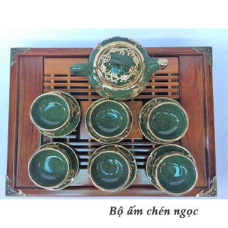 Bộ ấm chén ngọc bọc đồng ( bộ 1 ấm, 6 chén, 6 đĩa)