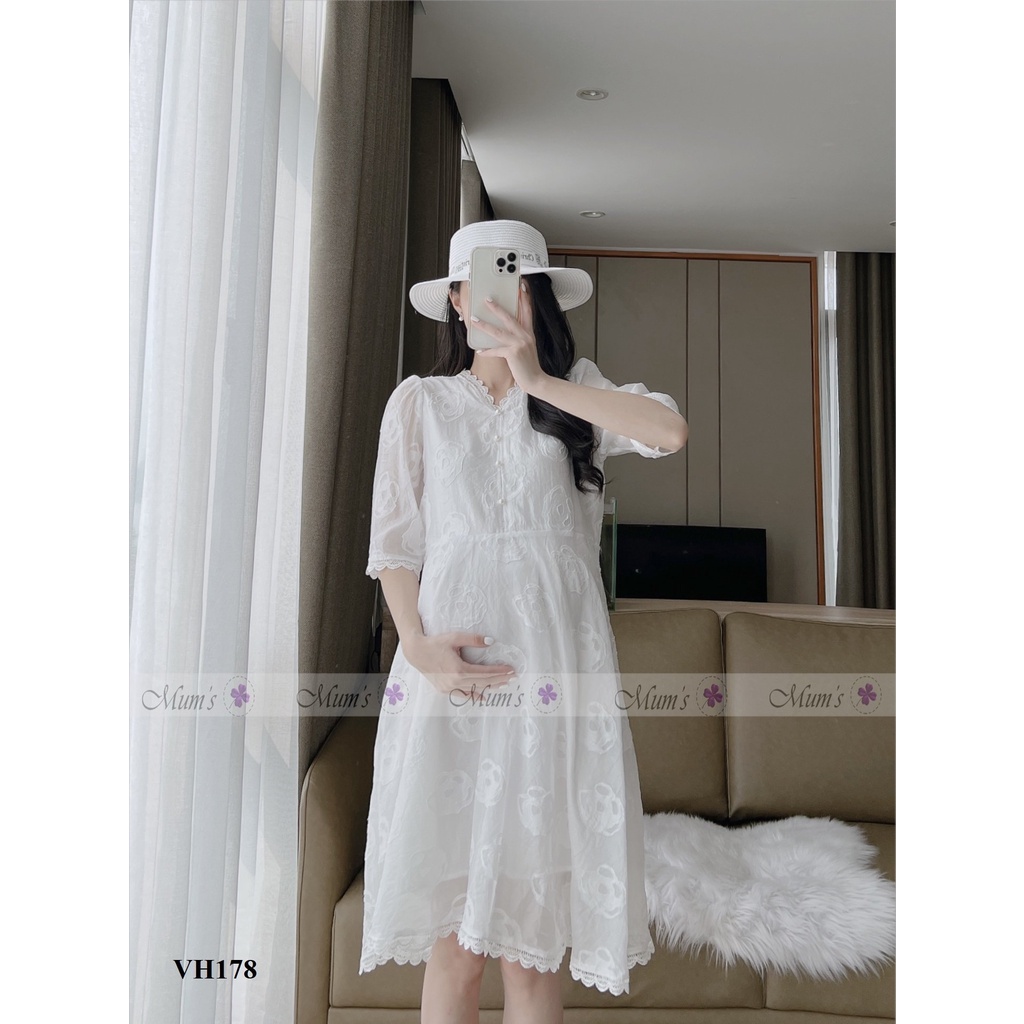 ĐẦM BẦU CÔNG SỞ MUM'S SHOP  FREESHIP  Váy bầu xinh Tơ trắng hoa hồng cổ tim
