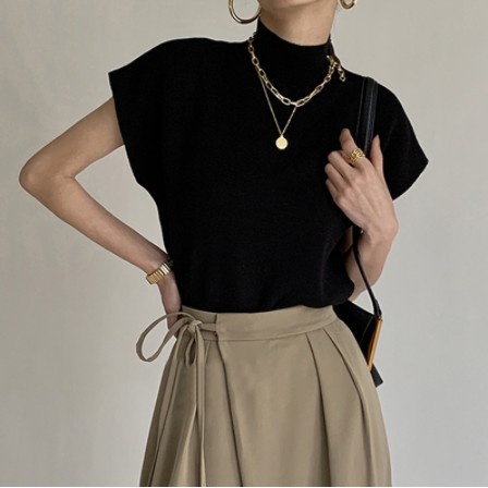 [MURIOKI] Áo Thun Dệt Kim Sát Nách Cổ Cao Kiểu Pháp Xinh Xắn Cho Nữ