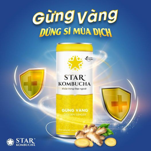 Trà KOMBUCHA Gừng Vàng / Golden Ginger (250ml/lon)/Thùng 12Lon - Star Kombucha.