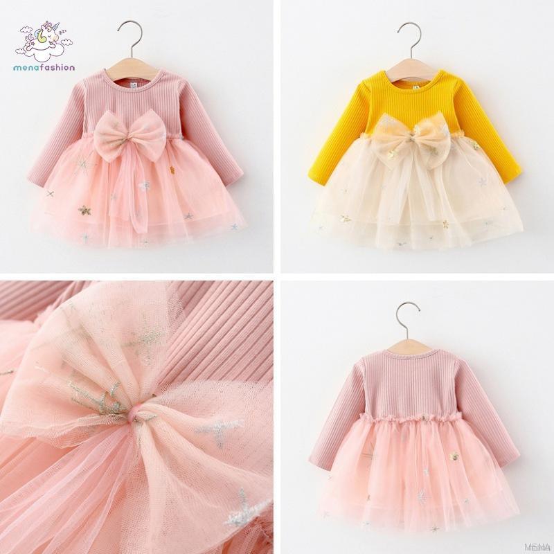 Đầm Công Chúa Dài Tay Phối Nơ Xinh Xắn Dành Cho Bé Gái