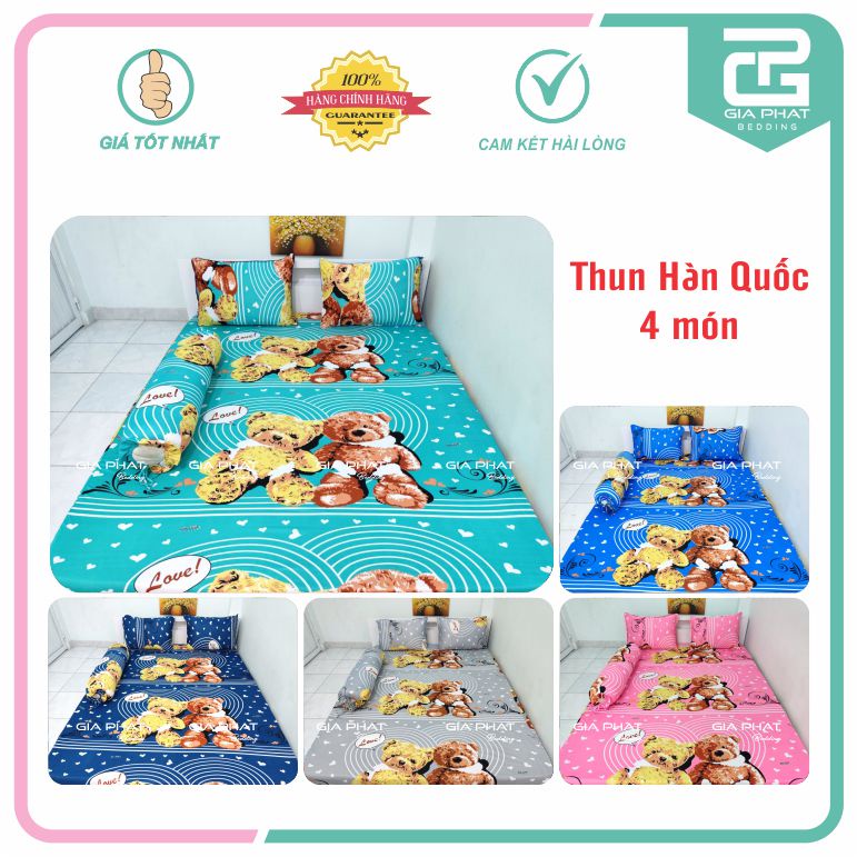 Bộ ga gối Thun Lạnh Hàn Quốc {4 món} họa tiết Gấu Bông ( 1 ga bọc + 2 vỏ gối nằm + 1 vỏ gối ôm )