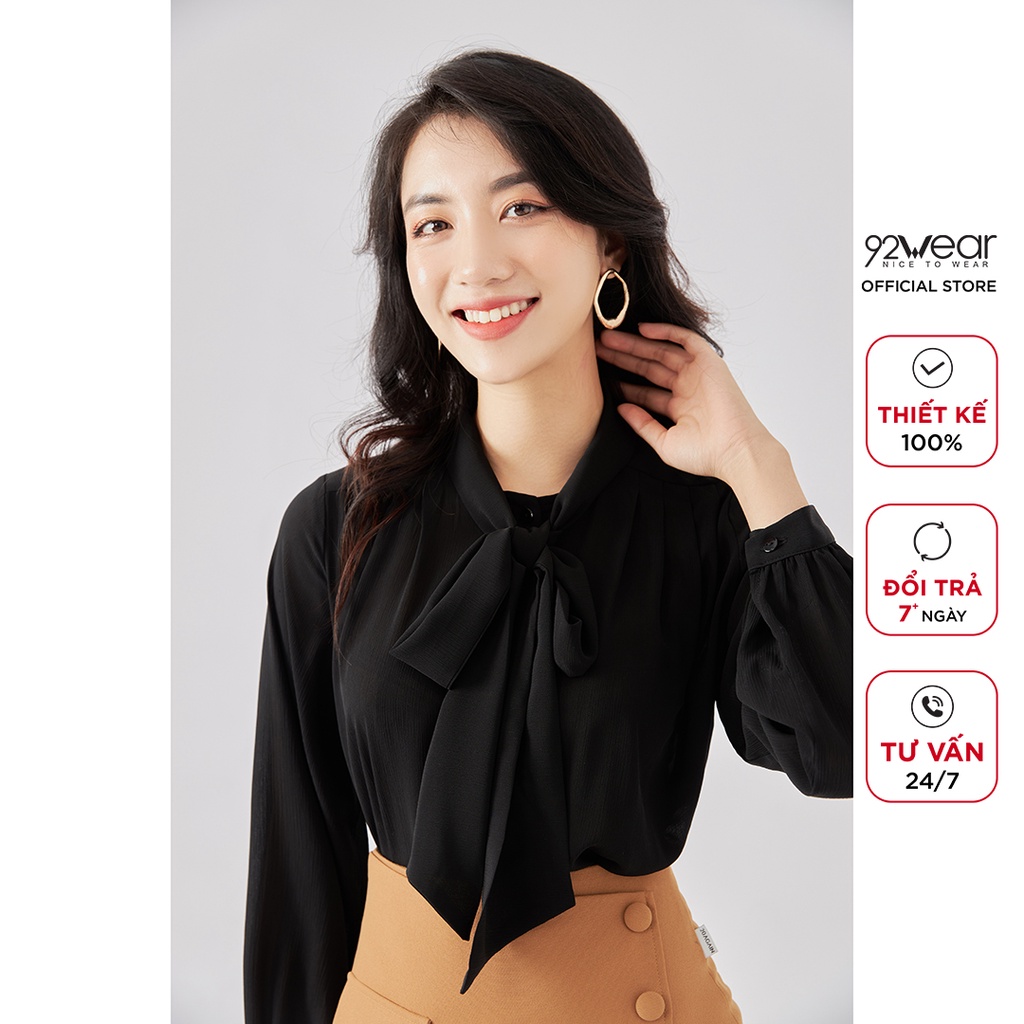 Áo sơ mi nữ dài tay nơ cổ 92WEAR,thiết kế công sở thanh lịch,vải voan cao cấp ASA1212