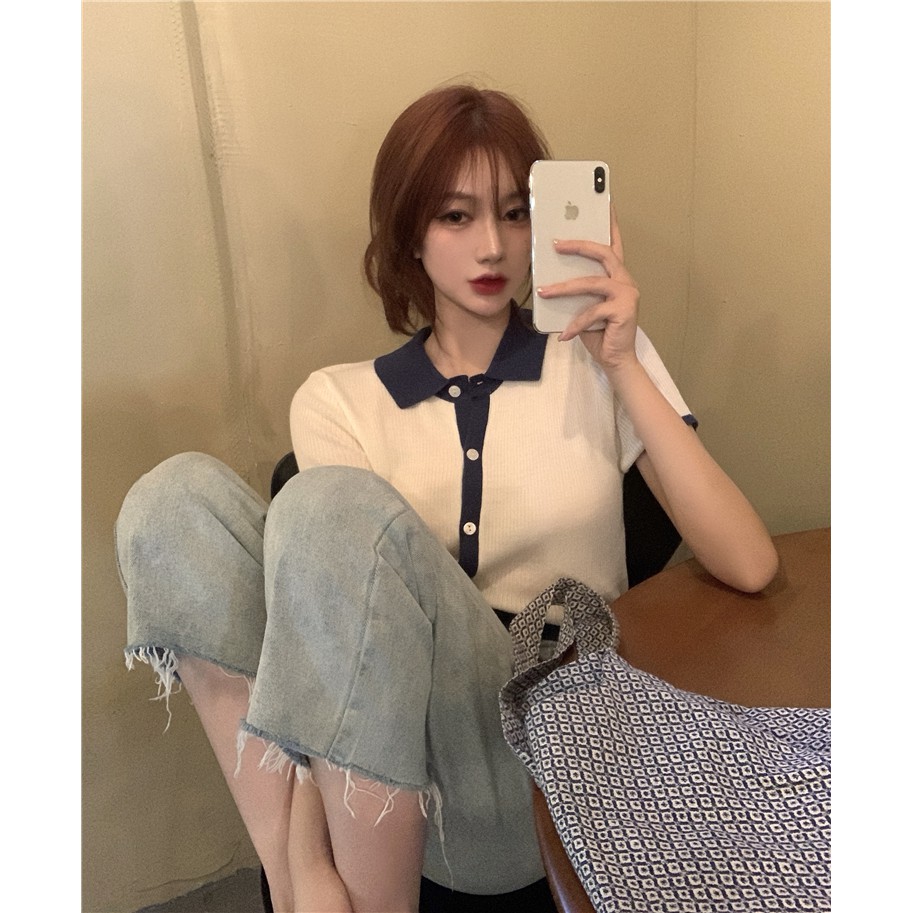 [ Mã 11FASHIONSALE1 giảm 10K đơn 50K ] Áo Dệt Kim Tay Ngắn Cổ Polo Phong Cách Thời Trang Hàn Quốc Cho Nữ | BigBuy360 - bigbuy360.vn