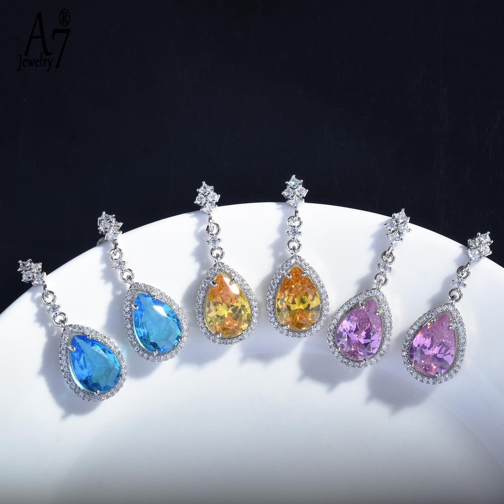 Bộ vòng cổ + bông tai mạ bạc 925 đính đá hình giọt nước màu hồng/xanh dương sang trọng