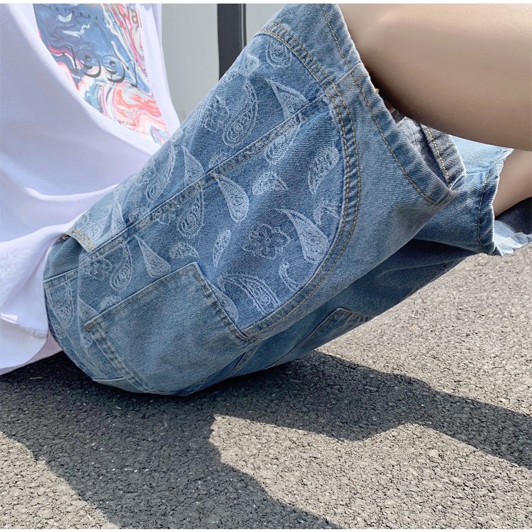 Quần đùi jean nam ống rộng lưng chun màu xanh họa tiết hoa văn 01 Pon.mens