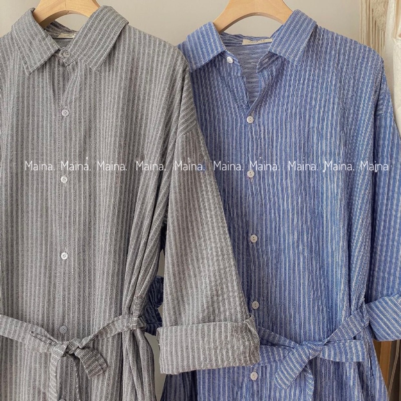 Váy sơ mi - Đầm polo kẻ sọc tay dài kèm đai