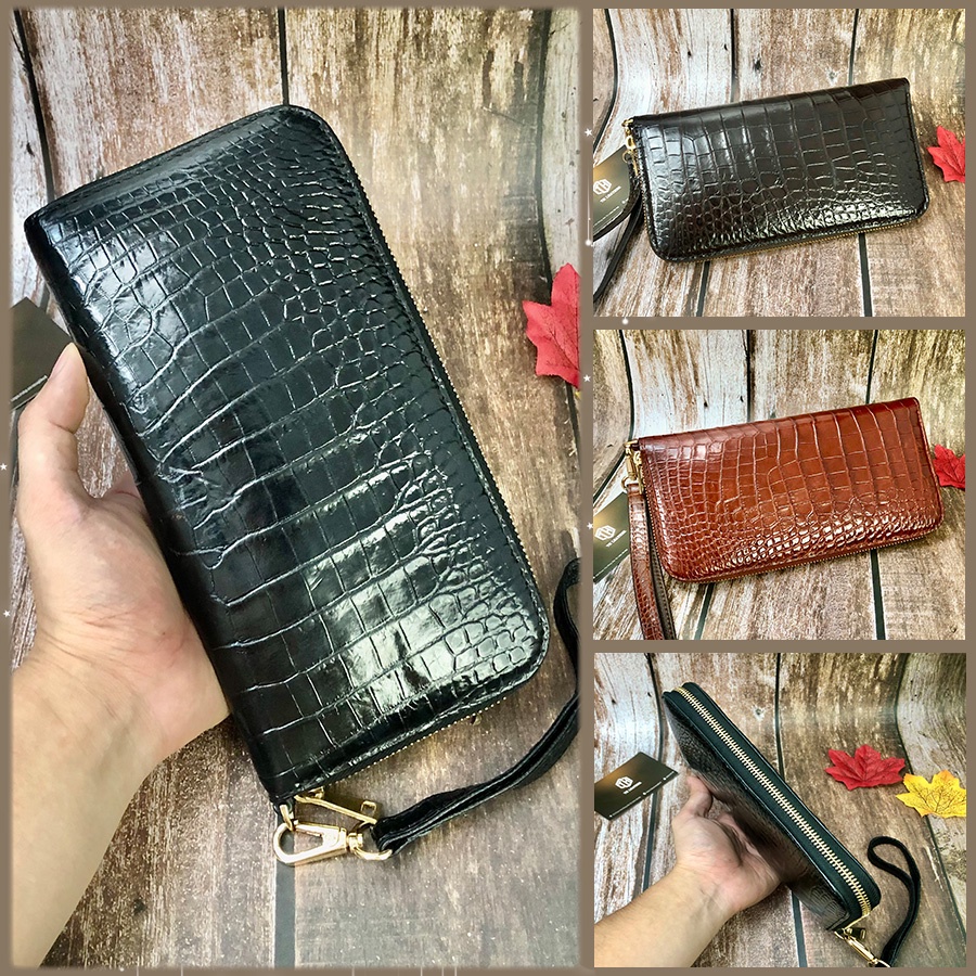 Clutch Da Cá Sấu Thật 1 Khóa - Clutch Da Bụng Cá Sấu Đúng Tuổi 1 Khóa Cao Cấp, Ví Dài Cầm Tay BH 24 Tháng