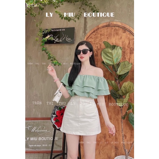 Set  Áo Bệt Vai Đũi Bèo Trễ Vai Phối Chân Váy KaKi