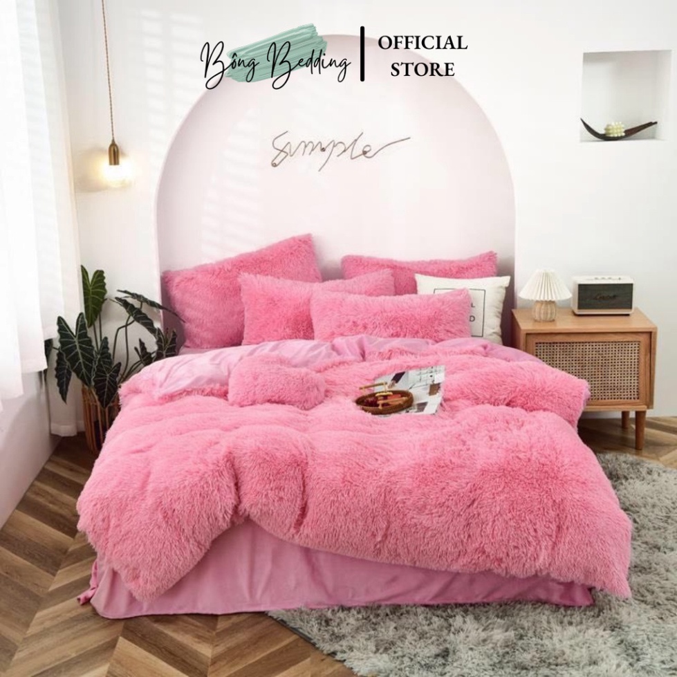 Bộ Chăn Ga Gối Nỉ Lông Tim HIN BEDDING Cao Cấp Tặng Kèm Gối Tim Hàng Có Sẵn Miễn Phí Bo Chun