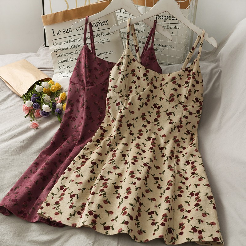 Váy Hai Dây Nhung Tăm Hoa Nhí Dáng Ngắn Hàng Quảng Châu Loại 1 V05