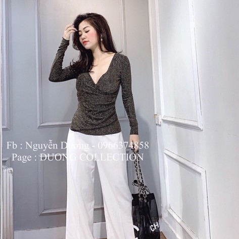 Áo kiểu vải nhũ ôm cổ chéo, Áo nhũ vạt chéo dài tay AK1294 - NhiNhi Shop