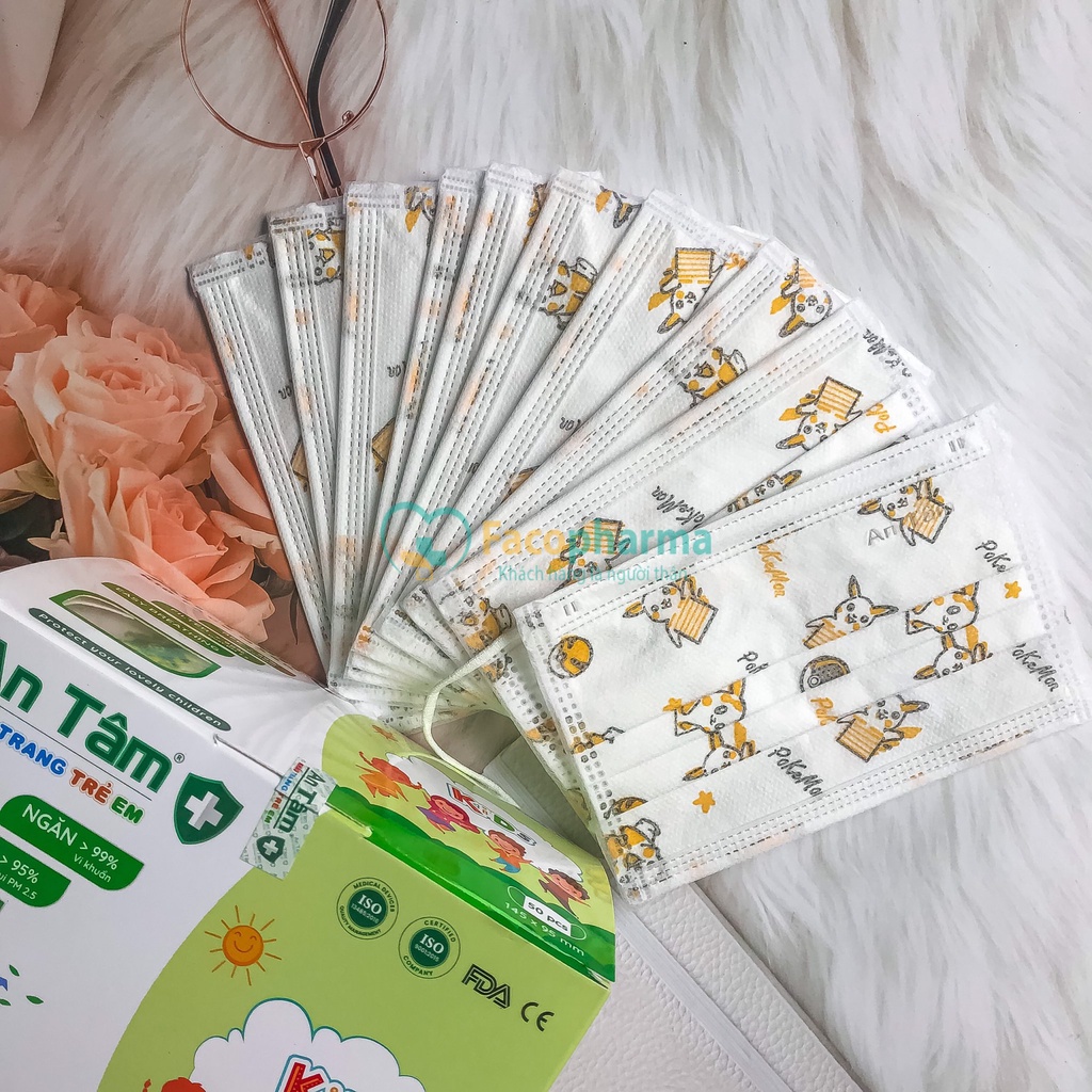 Khẩu trang y tế cho bé kháng khuẩn 3 lớp an tâm dành cho trẻ em 4-10 tuổi hộp 50 cái ATKTYTC