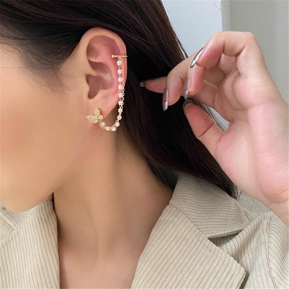 Bông tai dáng dài hình bướm đính đá và ngọc trai nhân tạo thời trang