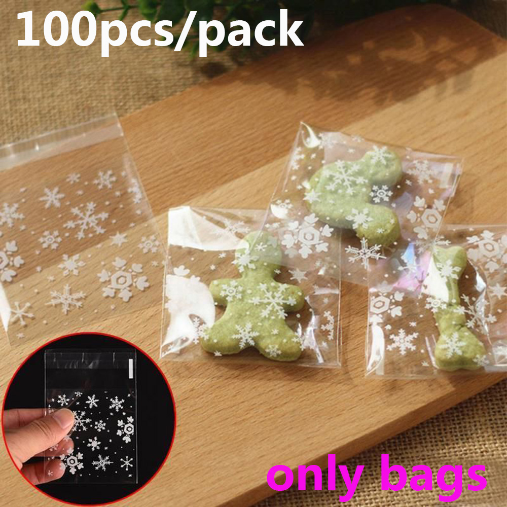 Set 100 Túi Nhựa Trong Suốt Đựng Bánh Kẹo In Hình Hoa Tuyết