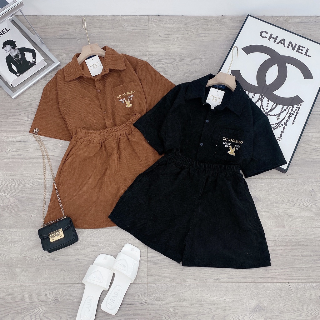 Set bộ nhung tăm thêu chữ mix quần short đùi siêu cá tính BN190