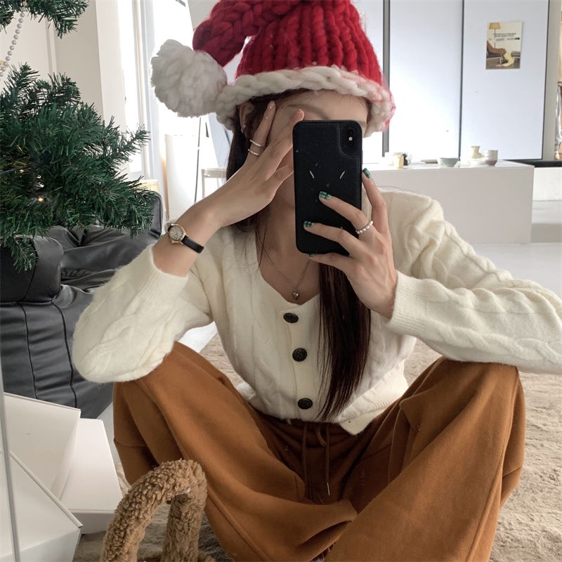 Áo Khoác Cardigan Dệt Kim Dáng Rộng Màu Đỏ Phong Cách Cổ Điển Mừng Năm Mới