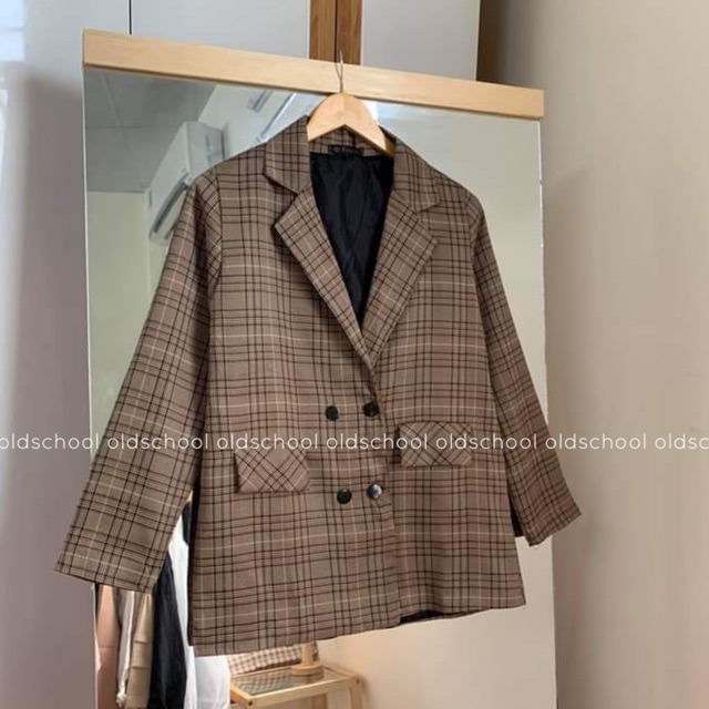 ÁO BLAZER 2 LỚP KẺ NÂU CHOCO (ảnh thật/sẵn)