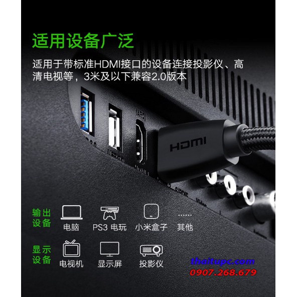 Cáp HDMI 2.0 Dài 2M Cao Cấp Ugreen 40410 Hỗ Trợ 3D 4K 60Hz