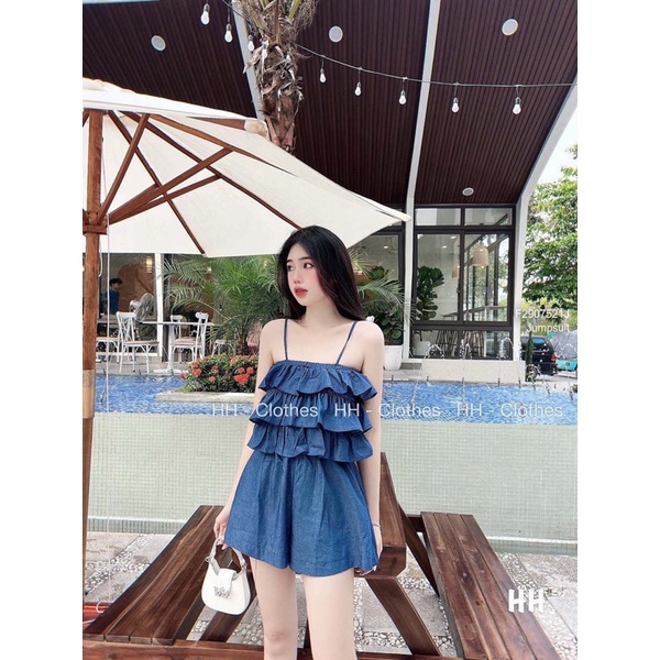 Jumpsuit short jean phối bèo 2s 0722