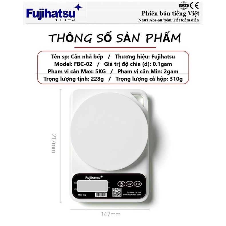 Cân Điện Tử Thông Minh, Chính Hãng Fujihatsu,  Phiên Bản Tiếng Việt,Cân Điện Tử Nhà Bếp 5Kg - Có Chức Năng Trừ Bì