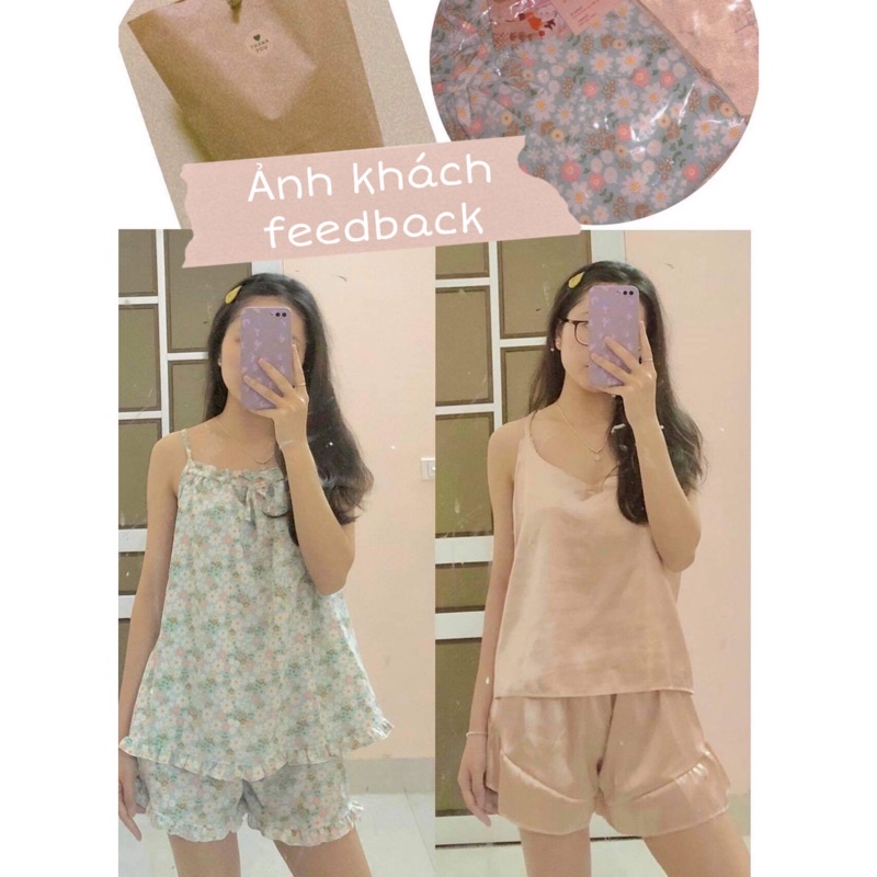 [TẶNG GƯƠNG CẦM TAY] Set đồ ngủ 2 dây hoa nhí viền bèo áo nhún ngực | Ảnh thật 100% ♡ | BigBuy360 - bigbuy360.vn