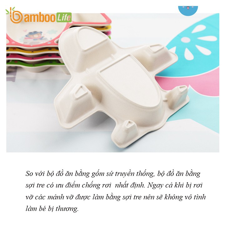 Khay đựng thức ăn cho bé sợi tre Bamboo Life BL031 bộ gồm 3 món gồm thìa, dĩa, khay hình máy bay cute