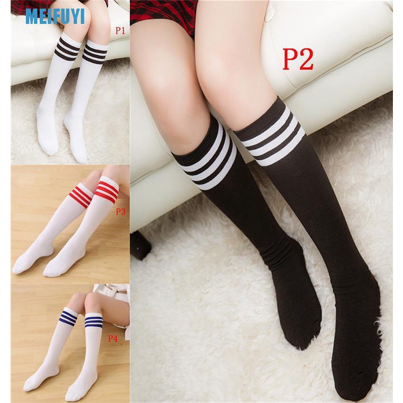 Vớ cotton cao đến đầu gối màu trơn kẻ sọc ngang 3 đường cho nữ