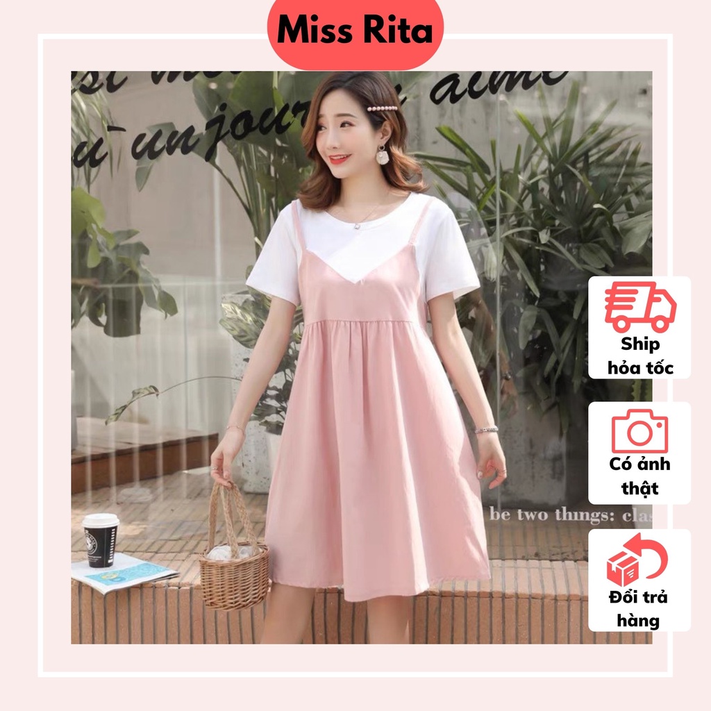 Đầm bầu công sở thiết kế MISS RITA Đầm bầu dự tiệc cộc tay babydoll dạng giống yếm có Dây eo thiết kế bởi Miss Rita