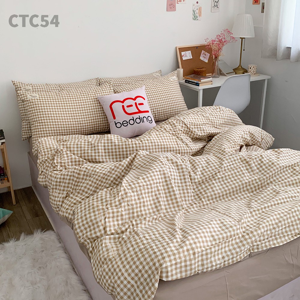 Bộ chăn ga gối REE Bedding CTC54 Cotton TC caro nâu đủ size giường nệm