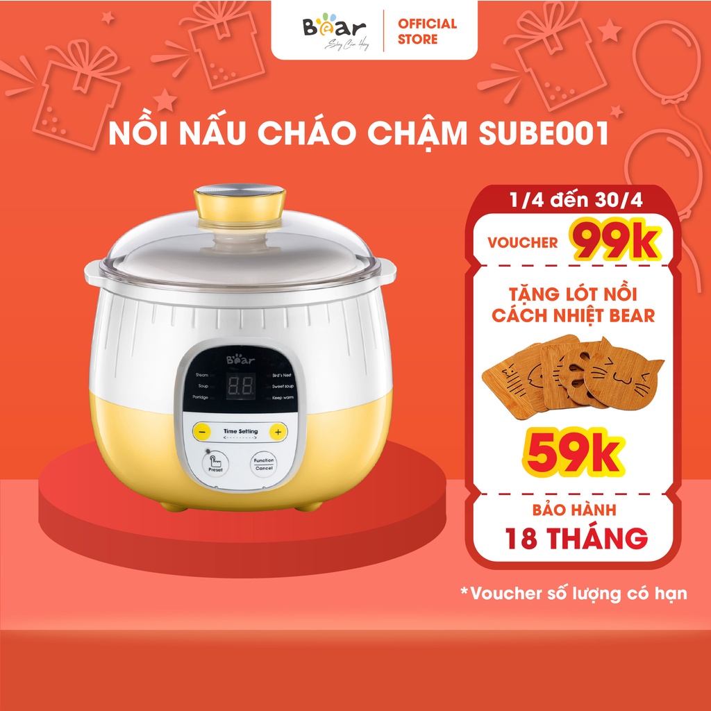 Nồi Nấu Chậm 0,8L Bear Chính Hãng, Nấu Cháo, Hầm, Hấp, Chưng Yến Bản Quốc Tế Bảo Hành 18 Tháng - SUBE001