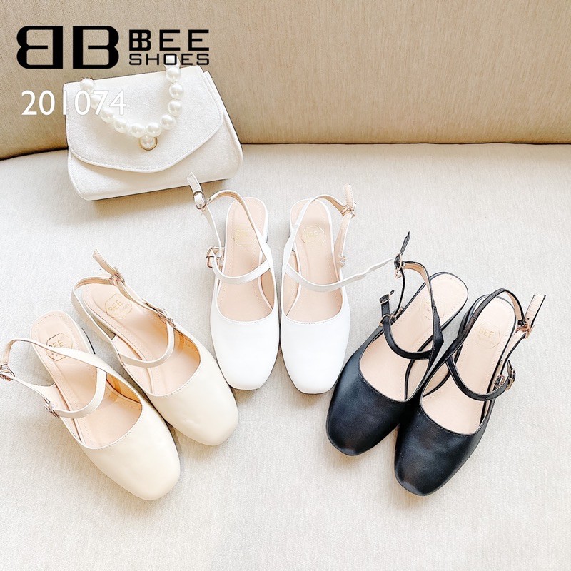 BEESHOES - GIÀY BÚP BÊ NỮ MŨI VUÔNG TRƠN DÂY NGANG - GIÀY BÚP BÊ NỮ GÓT VUÔNG CAO 2 PHÂN SẴN MÀU ĐEN-BE-TRẮNG 201074