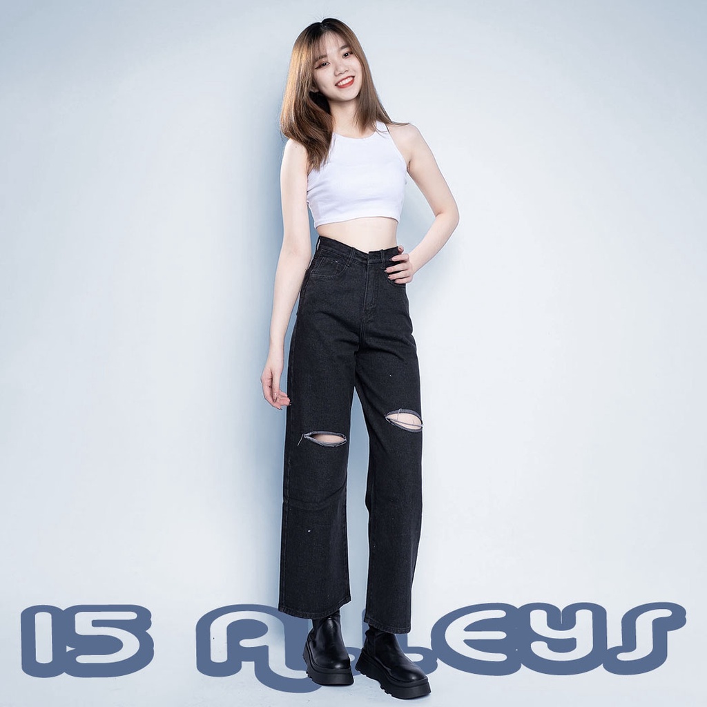 Quần Baggy Jean Nữ Lưng Cao Rách Gối Chuẩn Form Ali.645, Lửng Đen Cạp Cao Ống Rộng Cá Tính Phong Cách Hàn Quốc Ulzzang