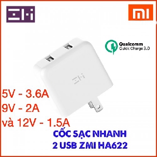 Cốc sạc nhanh 2 USB QC 3.0 ZMI HA622 - Hàng Chính Hãng
