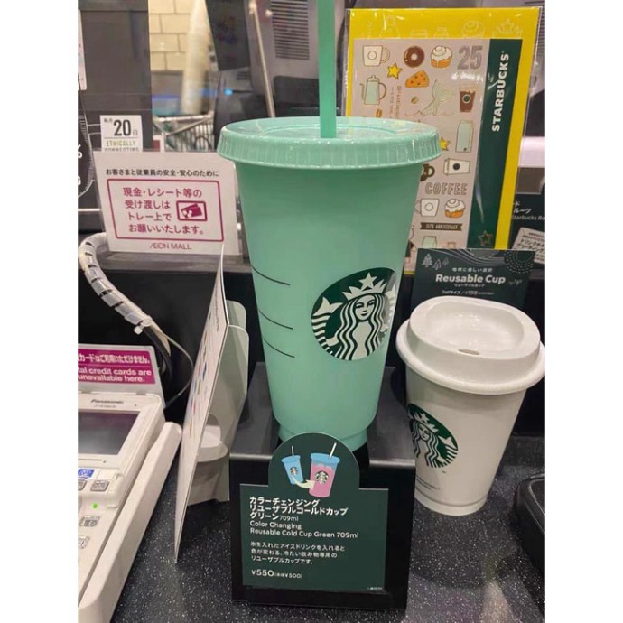 Sét 5 cốc nhựa Starbucks đựng nước đổi màu tặng kèm nắp và ống hút . .