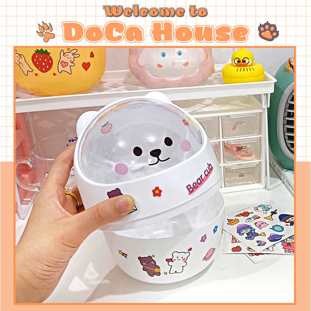 Thùng rác mini DOCA có nắp đậy để bàn hình gấu mèo, sọt rác mini để bàn dễ thương văn phòng phẩm (tặng sticker)