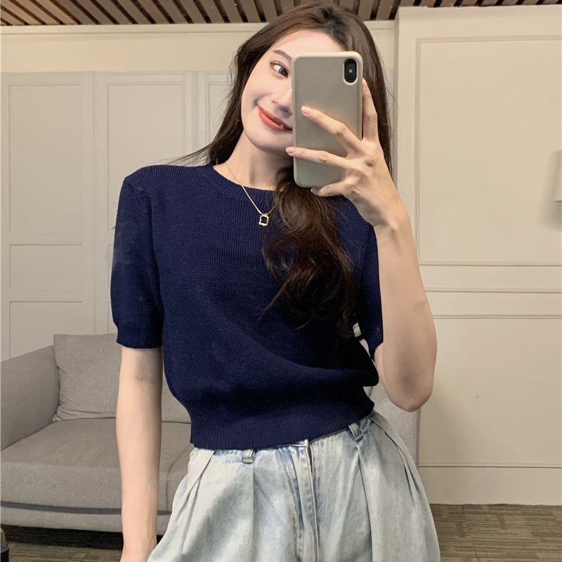 Áo dệt kim SUXI tay ngắn cổ tròn đơn giản dễ phối đồ phong cách cổ điển cho nữ