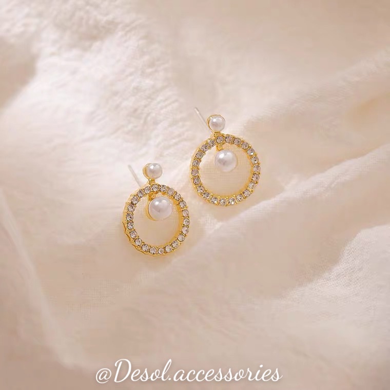 Khuyên tai, bông tai vòng tròn đá thả hạt ngọc nhân tạo Sun Circle ER080 Desol.accessories