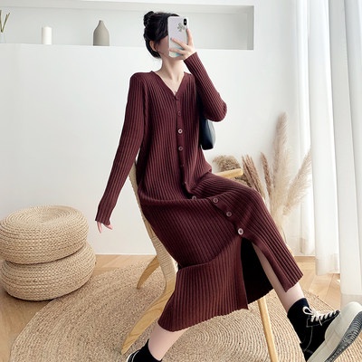 Váy Len Dài Váy Đầm dệt kim cổ chữ V rộng rãi mẫu mới 2020