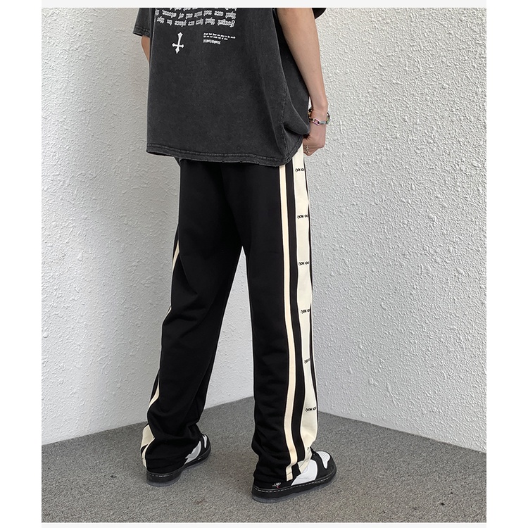 Quần Thể Thao Lưng Cao Ống Rộng In Họa Tiết Kẻ Sọc Bên Hông Phong Cách Đường Phố Mỹ Cho Nữ
