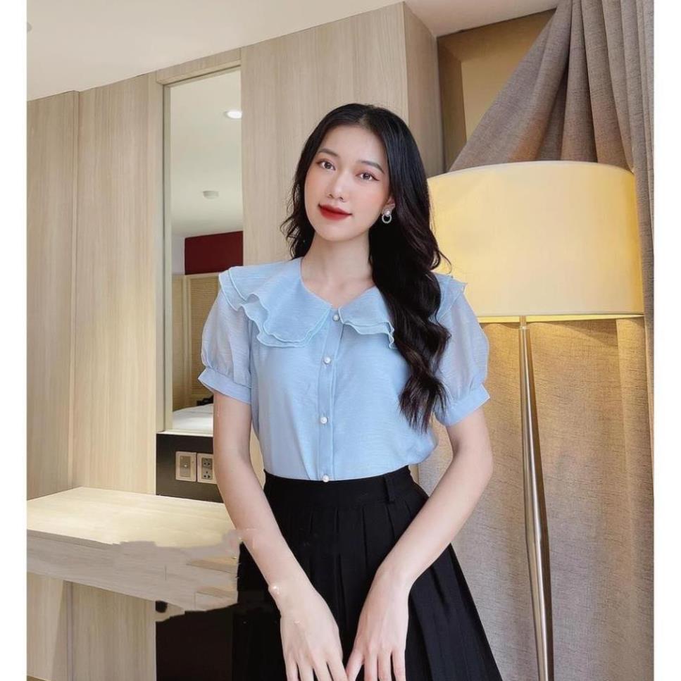 Áo sơ mi cổ sen 2 lá nằm dáng cộc tay cúc ngọc chất tơ xước - áo sơ mi công sở nữ *