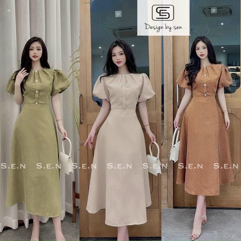 Đầm thời trang nữ mặc đi chơi chất tăm nhung cao cấp y mẫu cổ tròn tay ngắn phồng đính nút dáng váy xoè dài