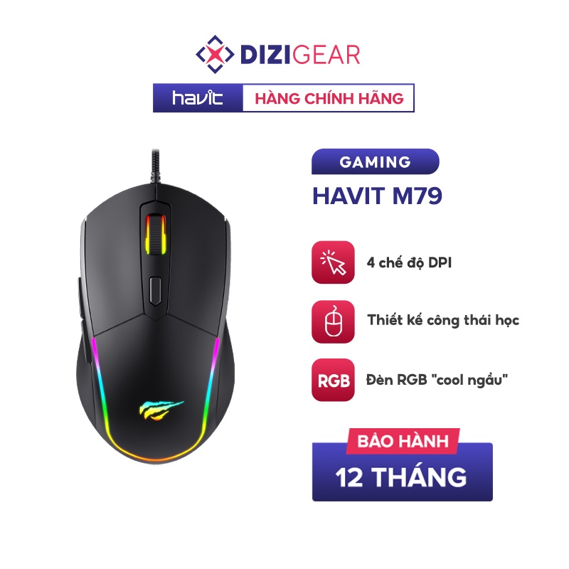 Chuột Gaming HAVIT M79, Đèn RGB, Tích Hợp 6 Nút Điều Chỉnh + 4 Chế Độ DPI, Tuổi Thọ 5tr Lần Nhấn - Chính Hãng Dizigear