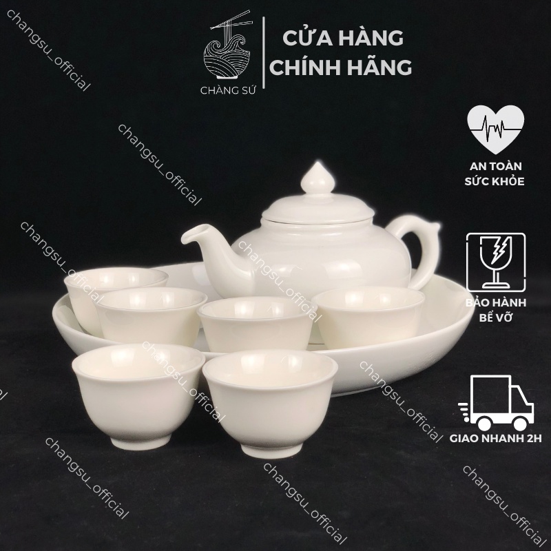 Bộ ấm chén uống trà cao cấp kèm khay sâu lòng - Set ấm trà sứ Minh Châu hoa sen sang trọng - Vỡ 1 đổi 1