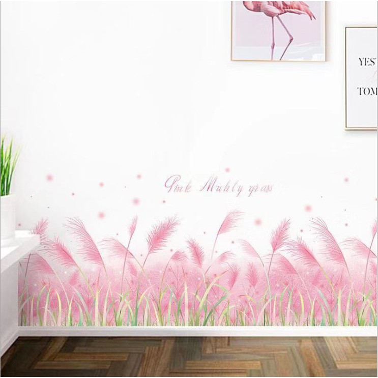 Decal dán chân tường ⚡ FREESHIP ⚡ Cỏ bông lau màu hồng Amyshop