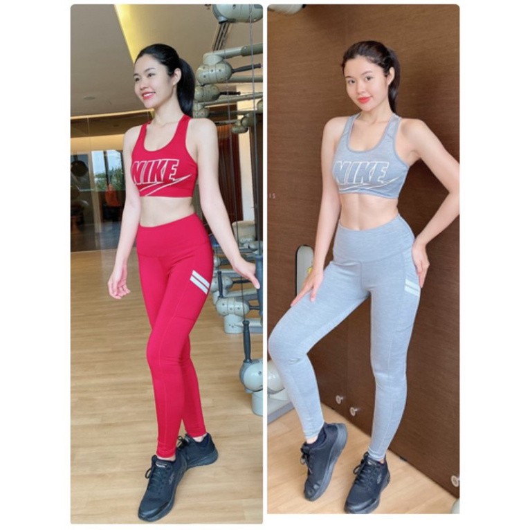 Set Dài Tập Gym, Yoga  In Chữ Nk To, 2 Sọc Túi Siêu Chất