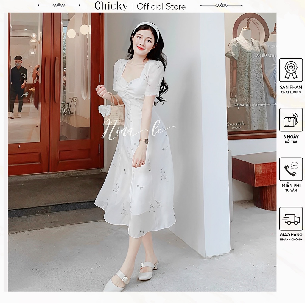 váy đầm nữ kiểu dáng xuông tay phồng họa tiết hoa phong cách trẻ trung(có mút)