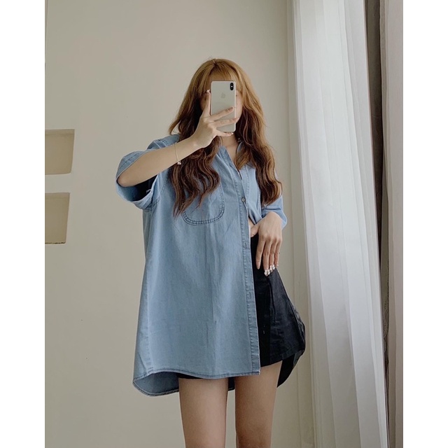 Sơ mi denim cộc tay oversize 2 túi, sơ mi bò form rộng nam nữ 778