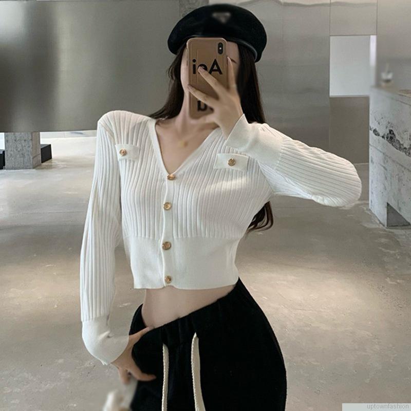 Áo croptop dệt kim tay dài dáng ôm cổ chữ V cài nút gợi cảm cho nữ